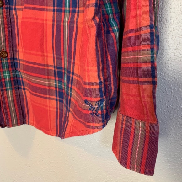 American Eagle Salmon & Blue Plaid Button Down M - Picture 5 of 6